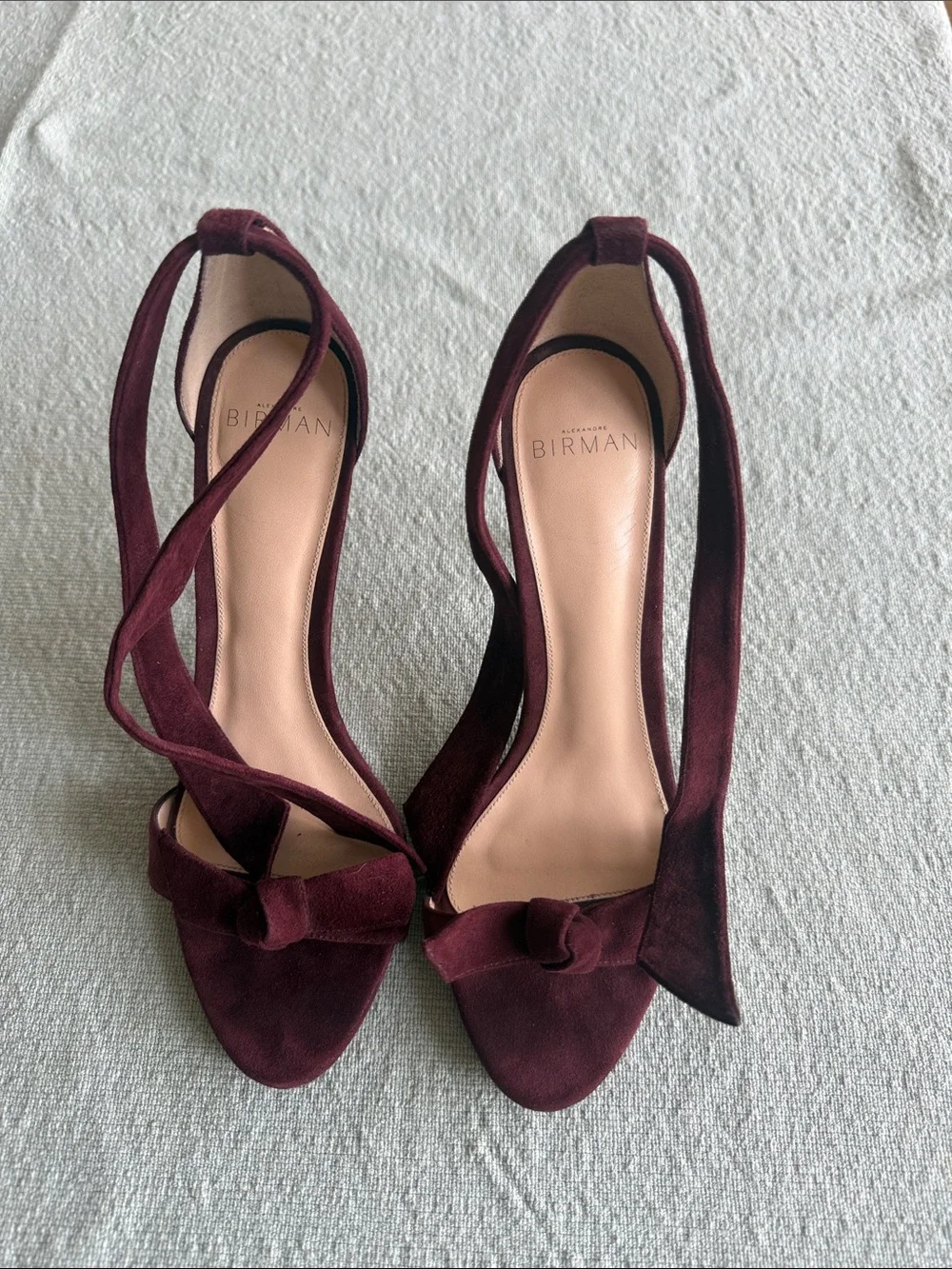 Alexandre Birman Burgundy Suede Knotted Open-Toe Ankle-Tie Heels